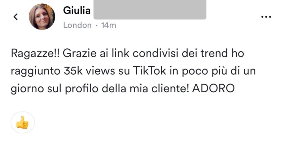 Messaggio: grazie ai trend condivisi 35 mila views su TikTok sul profilo di una cliente